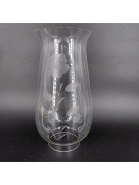Clear Glass Hurricane Chimney Lamp Floral Etched Centerpiece 9" Candle Curved